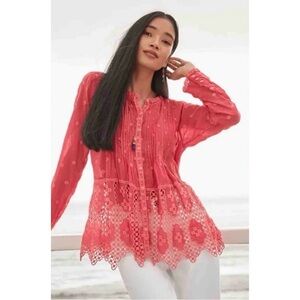 Johnny Was Baez Phaedra Embroidered Blouse in Passion Fruit Color
